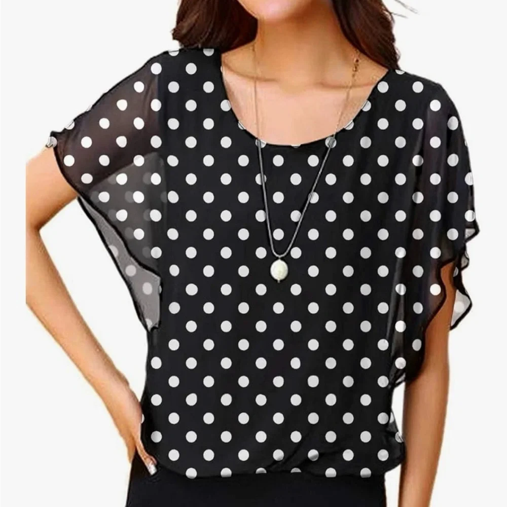 Black White Polka Dot Chiffon Blouse Top Womens Size XL NWT - Picture 1 of 12